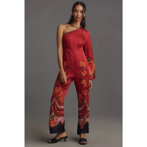 NWD Farm Rio x Anthropologie One-Shoulder Printed Satin Jumpsuit Sz M Red 9D404